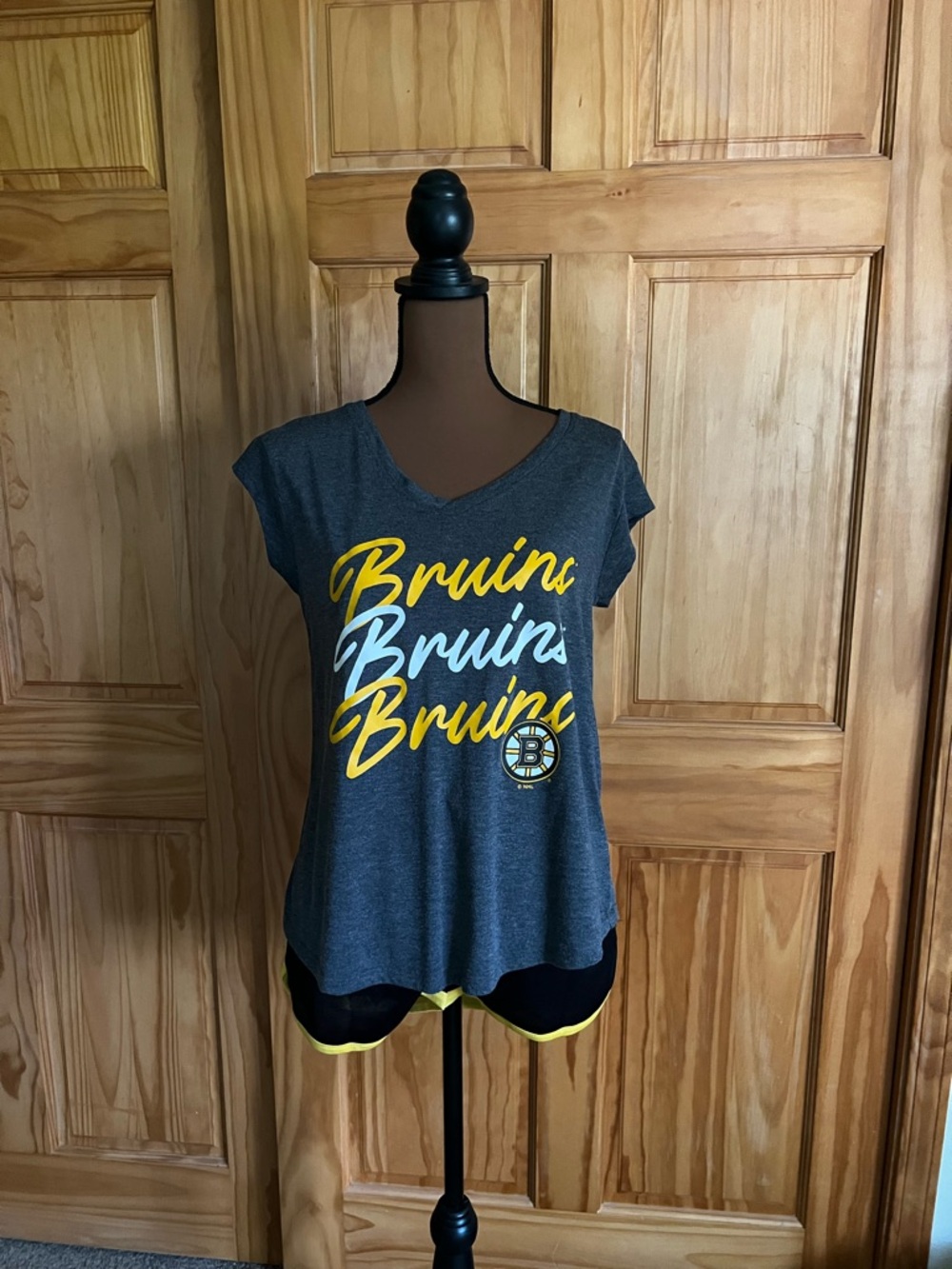 NHL Gray V-Neck Bruins Script Tee with Yellow & White Accents